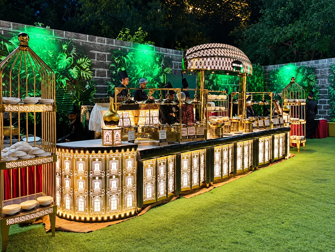 Illuminated outdoor wedding buffet with ornate gold counters