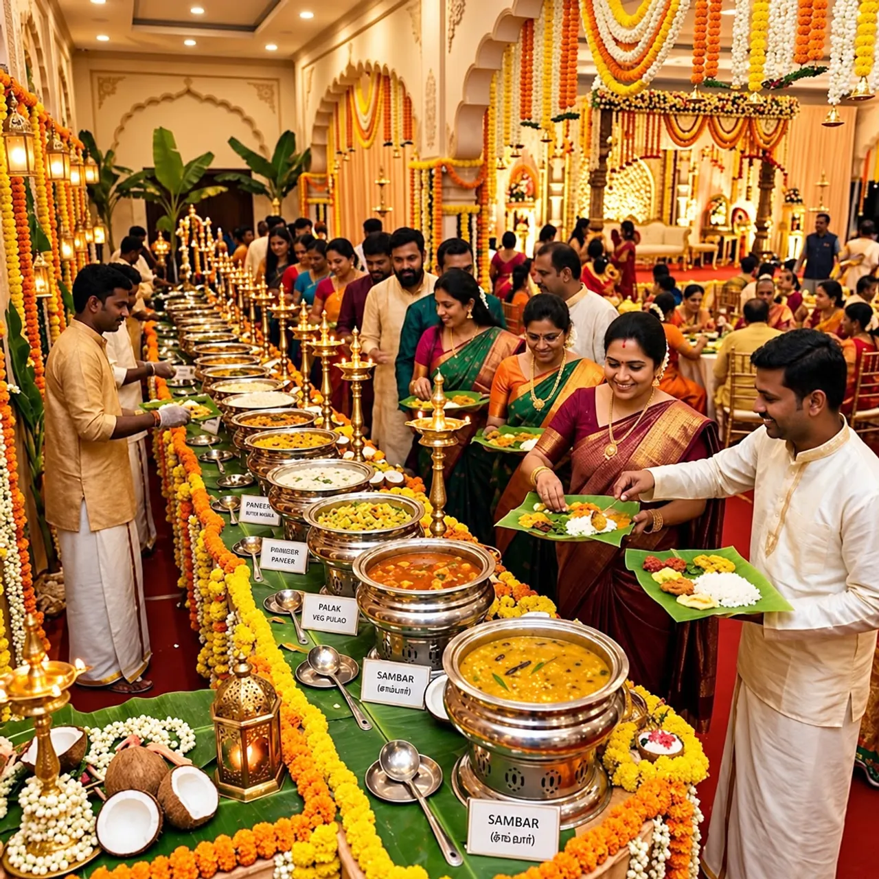 Pure vegetarian wedding buffet with marigold garlands, brass lamps and guests served on banana leaves